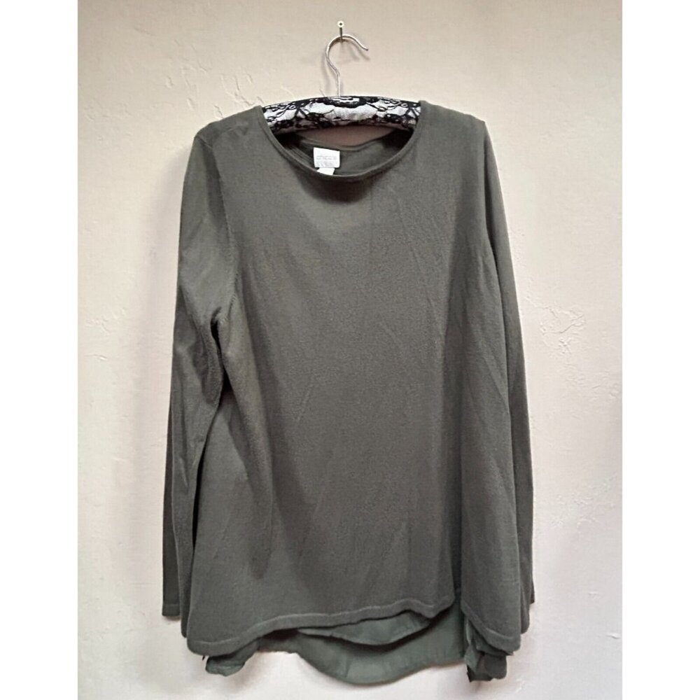 Chico's Women's Long Sleeve Knit Top T-Shirt Size 2 Green with Woven Layered Hem